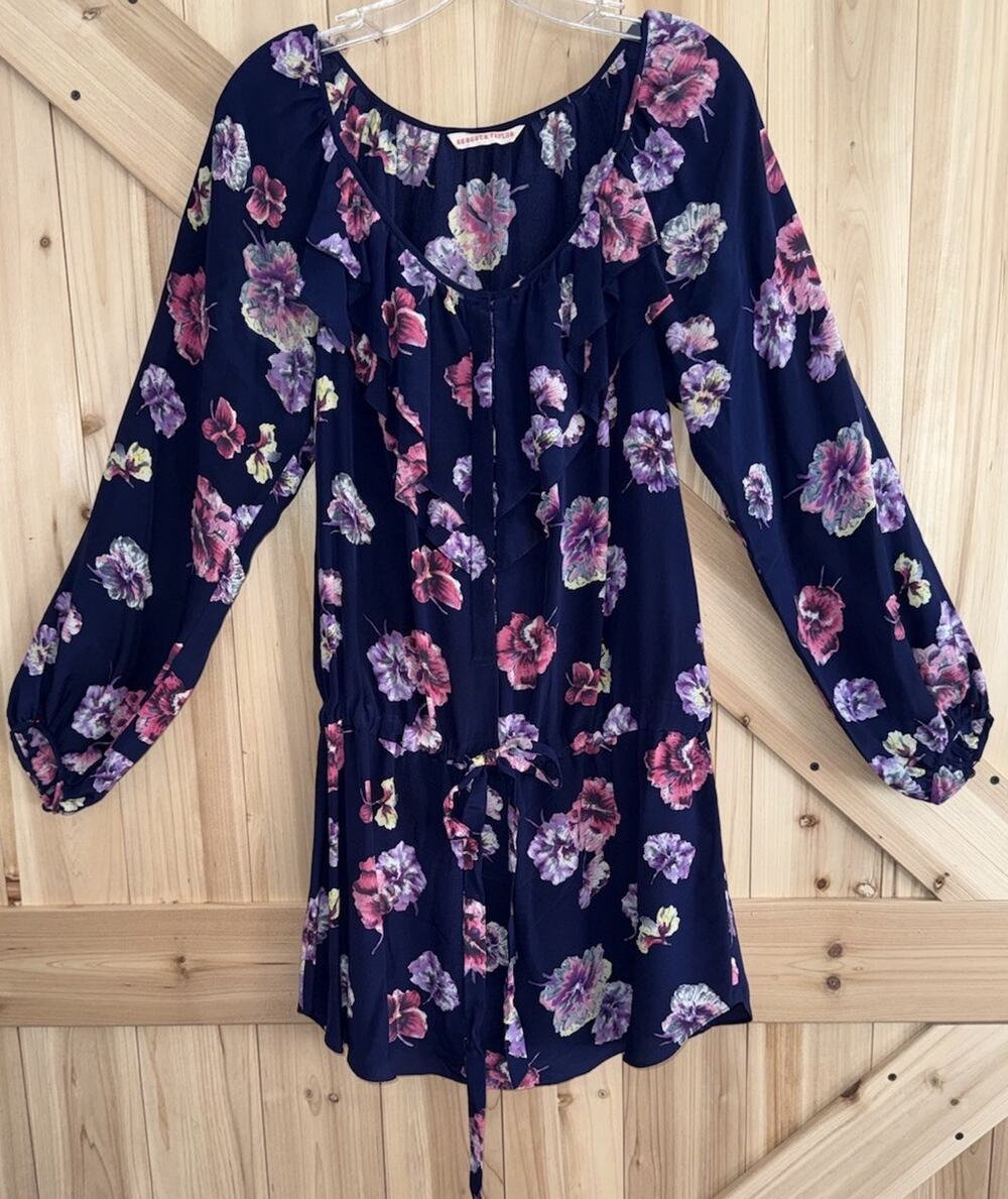 Rebecca Taylor 100% Silk Navy Floral Ruffle Drawstring Waist Dress *No Sz Tag* S